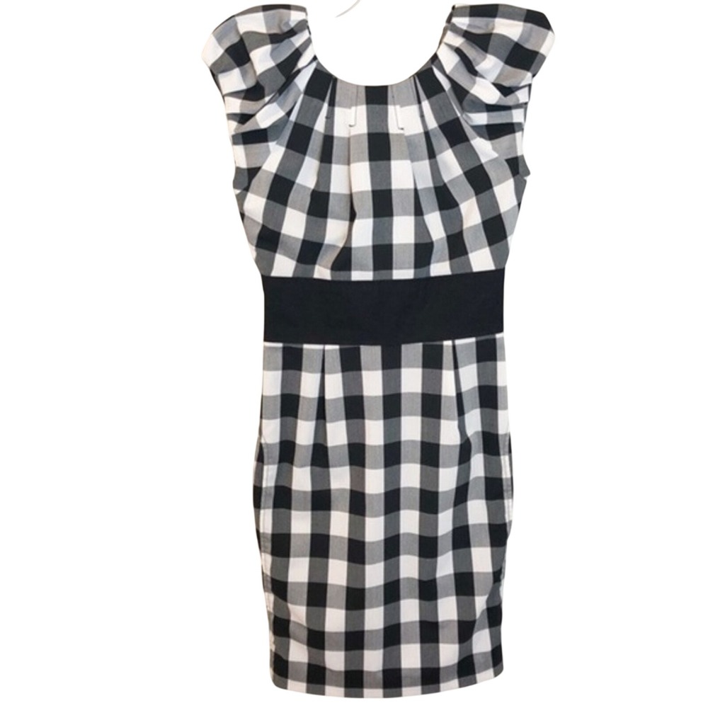 Plastic Island Gingham Ruffle Cap Sleeve Mini Dress Black White XS
